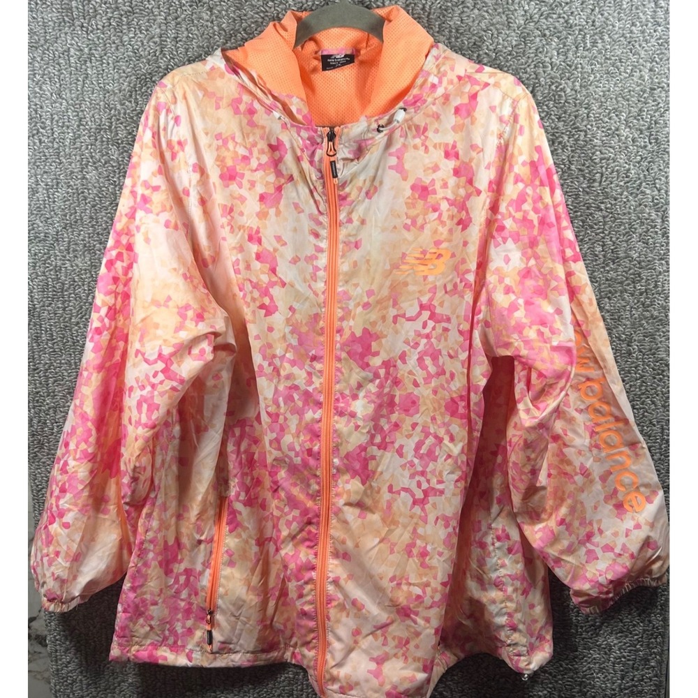 New Balance Windbreaker Pink Orange Geometric Mosaic Hooded Jacket Womens 2X